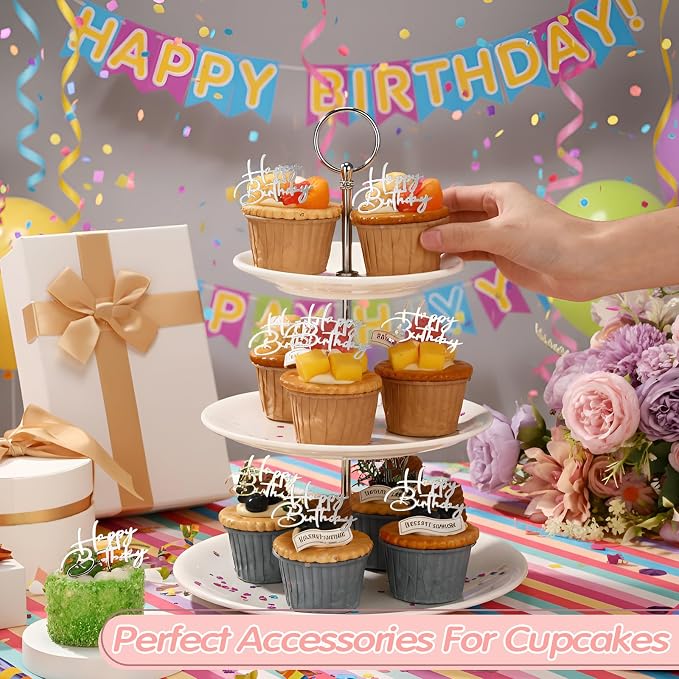 Weysat 30 Pcs Silver Mirror Acrylic Cupcake Toppers Happy Birthday Cake Decorations for Birthday Party Cupcake Toppers