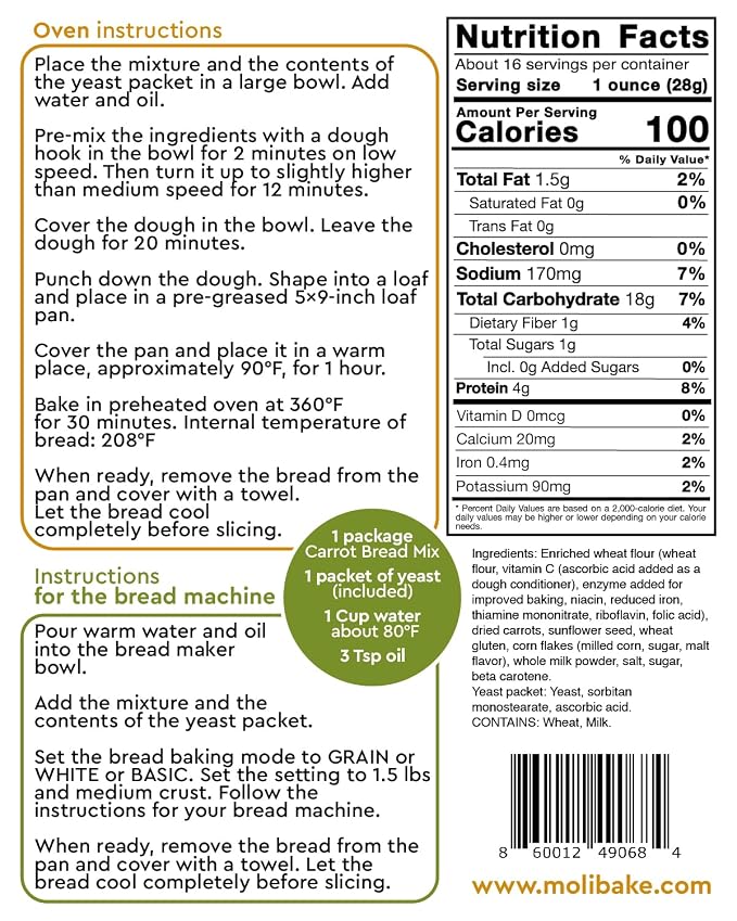 Molibake Carrot Bread Mix – Pack of 2 - All-Natural Baking Mix for Bread Machine and Oven - 15 oz Mix with Dried Carrots, Oat Flakes, Sunflower Seeds - Easy-to-Use Breads Maker Mix for Homemade Baking