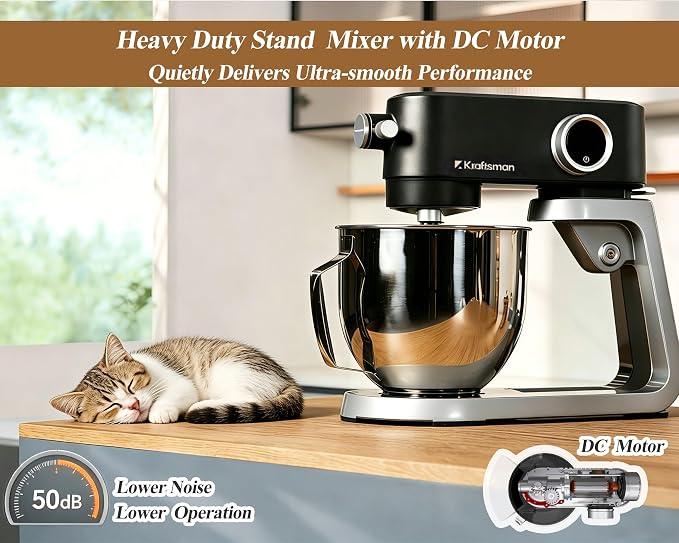 All Metal Stand Mixer DC Motor - 5.3 QT Heavy Duty Pizza Dough Mixer with 4 Stainless Steel Attachments, Quiet Operation with Timer, Verstile Standing Mixer with Power Hub, 8-Speed (Black)
