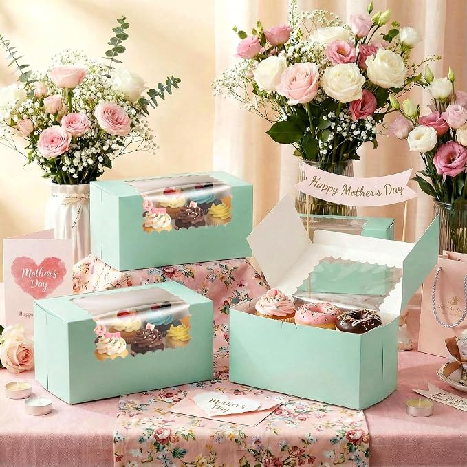 Ireer 60 Pcs 8x4x4 Inch Sage Green Bakery Boxes with Window Cookies Boxes Pumpkin Roll Container Donut Box Pastry Cake Packaging Safe for Wedding Cookies Loaf Muffins Breads Dessert Candies Treat