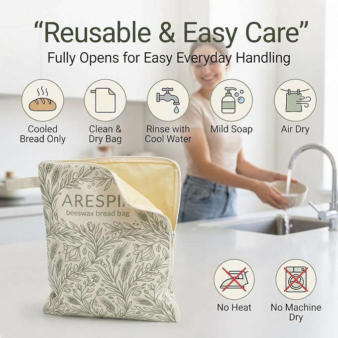 Beeswax Bread Bag with Zipper, Reusable Linen Cotton Bread Bags with Beeswax Lining, 13x17 inch for Homemade Sourdough, Keeps Bread Fresh for Storage (2, Green)