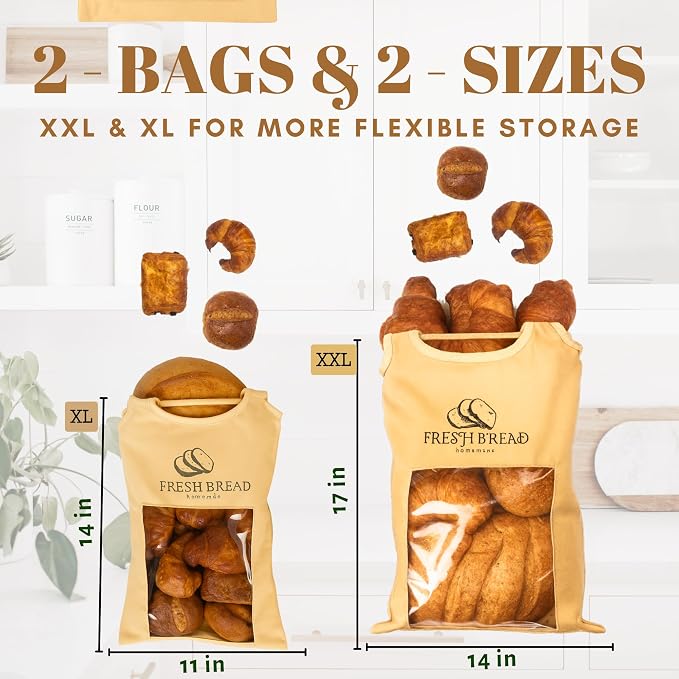 Reusable Linen Bread Bags for Homemade & Sourdough Bread – 2 Pack (XL & XXL) | Cloth Bread Bags with Clear Window, Zipper & Handle – Eco-Friendly Bread Storage Bags