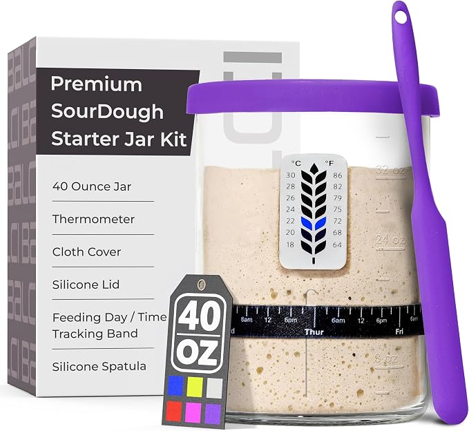 Premium Sourdough Starter Jar - 40oz Large Sourdough Jar with Marked Feeding Band, Scraper, Cloth Cover and Silicone Lid/Base, Wide Mouth Starter Kit - Purple