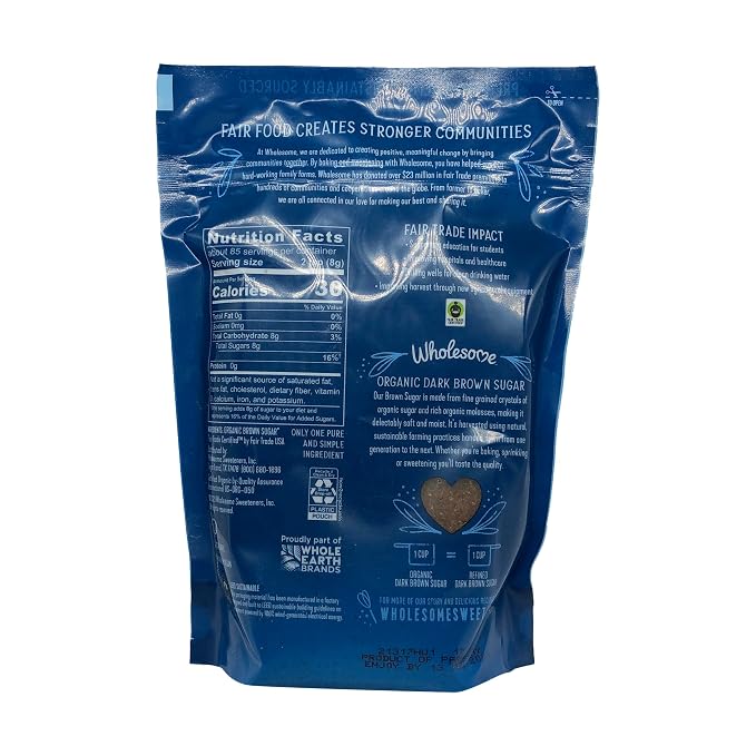 Wholesome Sweeteners 24-Ounce Organic Dark Brown Sugar, Fair Trade, Non GMO, Gluten Free & Vegan, Sugar for Baking and Glazing, 1 Pack (Package May Vary)