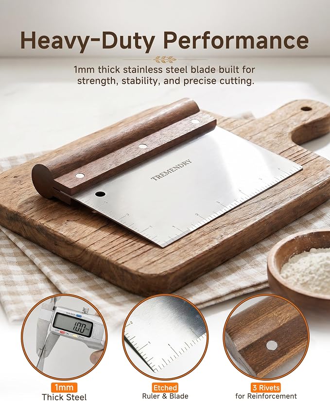 Extra Large Bench Scraper with Walnut Grip, Dough Cutter for Bread & Food | Natural Wood, 4x7 inches Stainless Steel Blade, Sharp Cutting Edge, Laser-Etched Measurement, Hanging Store, Bonus S-Hook