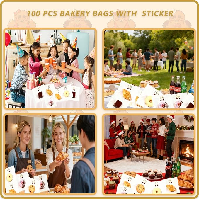 100 Pack Heat Sealable Bakery Bags with Window, 7.1x7.5 Inch Kraft Paper Cookie Bags, Grease Resistant Pastry Sleeves for Donut, Sandwich, Cake Slice, Bagel & Treat Packaging