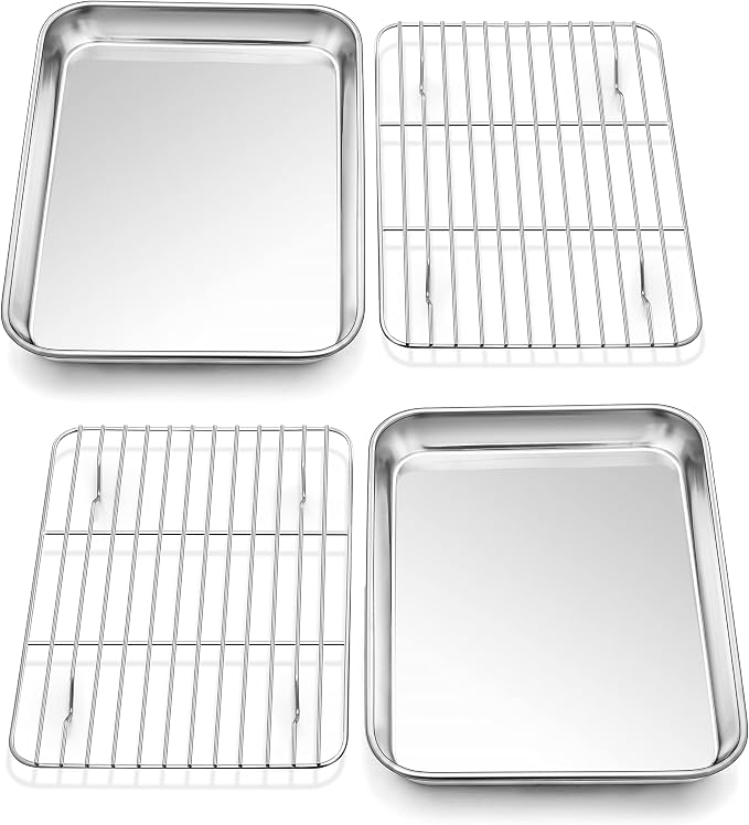 P&P CHEF 10.4 Inch Toaster Oven Pans with Racks, 4 Pieces Stainless Steel Oven Tray Baking Pan Sheet and Cooling Rack for Oven Cooking Roasting, Non Toxic & Dishwasher Safe