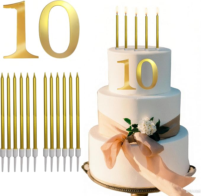 3.7IN Gold Acrylic Number 10 Cake Topper with 12 Gold Long Candles - Perfect for 10th Birthday Party Supplies, Ideal for Cake Decoration