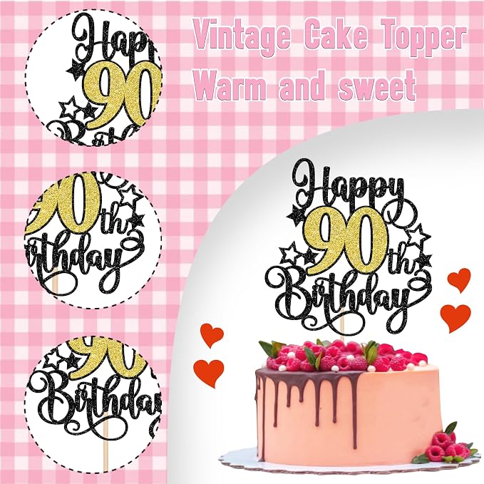 1 PCS Happy 90th Birthday Cake Topper Black Gold Glitter Cheers to 90 Years Birthday Cake Pick Hello 90 Fabulous Cake Decoration for Happy 90th Birthday Anniversary Party Decorations Supplies