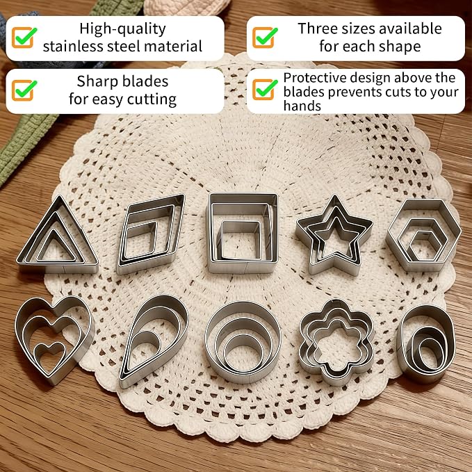 Mini Cookie Cutters - 30Pcs Stainless Steel Tiny Shapes,Heart Star Flower Round Square Cutter Kit for Decorating Cookies Fruits Fondant Cakes Kids Baking