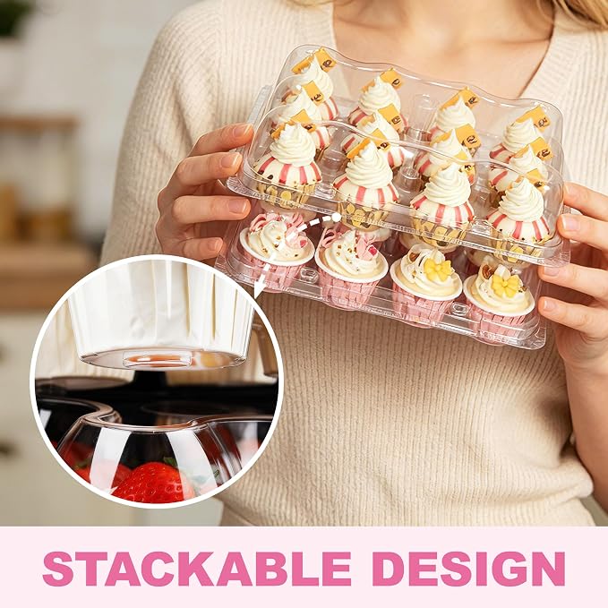 LotFancy (12 Count x 40 Sets) Mini Cupcake Containers with 480 Liners, Clear Plastic Cupcake Boxes Holders, Dozen Disposable Cupcake Carriers with Detachable Lid