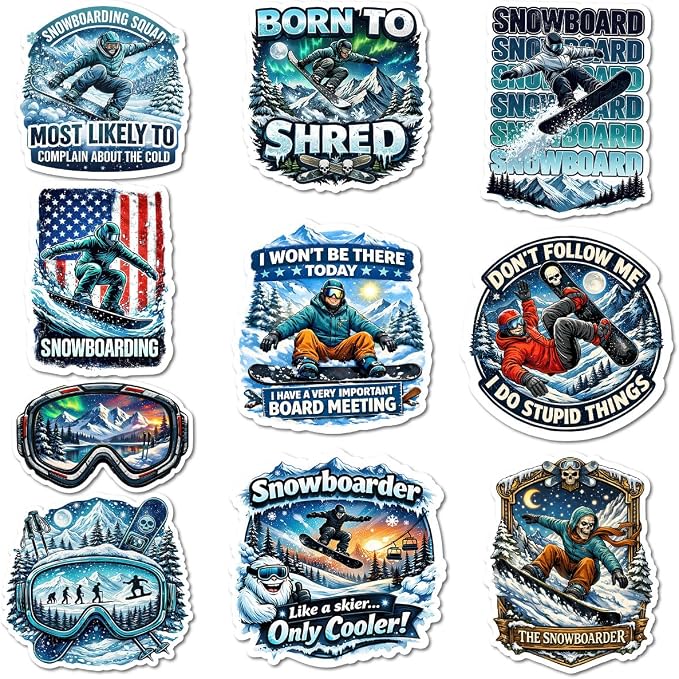 10pcs Snowboarding Stickers Gifts for Snowboarders Ski Lovers Multiple Different Design, Waterproof UV-Resistant for Water Bottle, Laptop, Window, Car