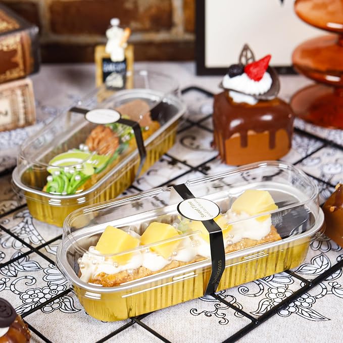 Loaf Pans with Lids, 50 Pack Gold 6.8oz for Bakery Gifts | Fits bars, pudding, crumble and layered desserts; simple structure is easy to understand at a glance.