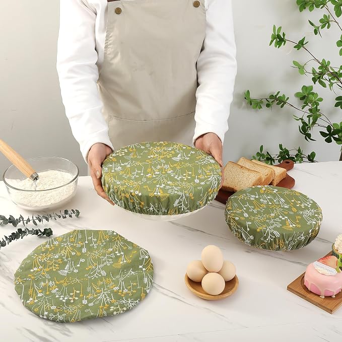 Reusable Bowl Covers for Bread Proofing Baking Embroidered Dandelion Linen Cotton Cloth Fabric Washable with Elastic Cover for Food Fruit Salad Eco-friendly