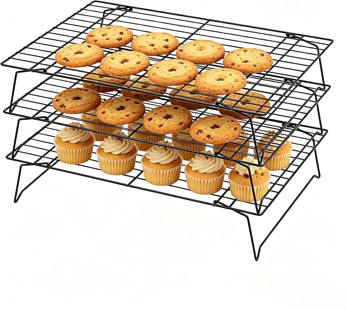 3-Tier Stackable Cooling Rack 13.4x9.4 Collapsible Baking Rack with Non-Stick Coating, Rustproof Heavy Duty Iron Wire Racks for Cooling, Baking, Grilling, Oven & Dishwasher Safe