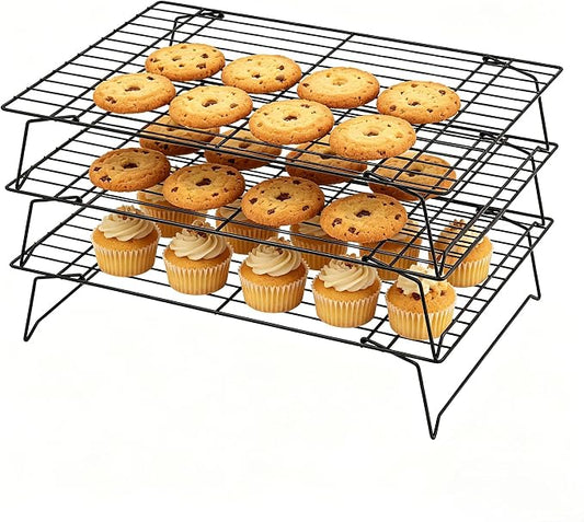 3-Tier Stackable Cooling Rack 13.4x9.4 Collapsible Baking Rack with Non-Stick Coating, Rustproof Heavy Duty Iron Wire Racks for Cooling, Baking, Grilling, Oven & Dishwasher Safe