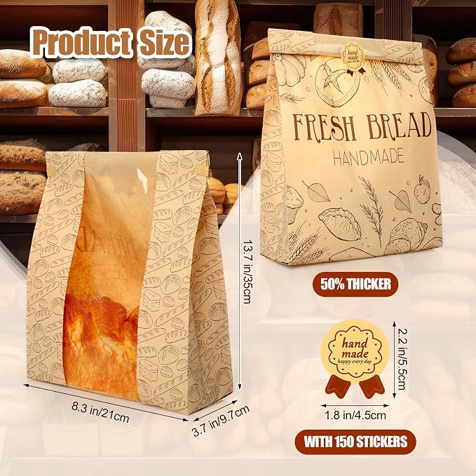 Feifeiya 150 Set Bread Paper Bags for Homemade Sourdough Kraft Bread Bags with Clear Window Seal Stickers 14'' x 8.3'' x 3.5'' Large Bakery Packaging for Storage Baked Goods Cookies