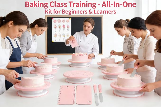 Cake decoration kit baking supplies cake turntable with 2 right angle spatulas and 3 smoothie scraper baking accessories for beginners and professionals, pink