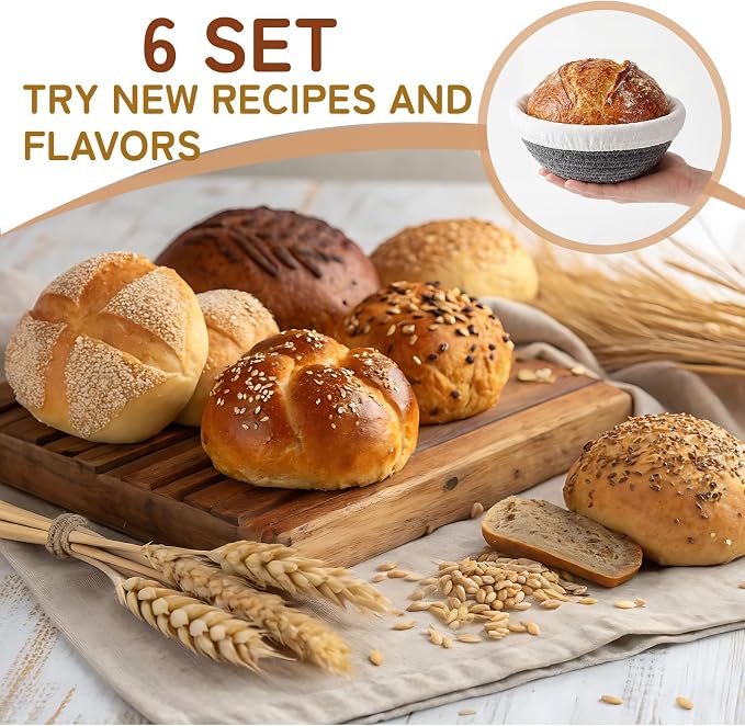6 Set 5.5 Inch Mini Banneton Bread Proofing Basket Natural Cotton Rope Proofing Bowls Kit with Cloth Liner Small Sourdough Bread Baking Supplies for Home Baking (Blue Gray)