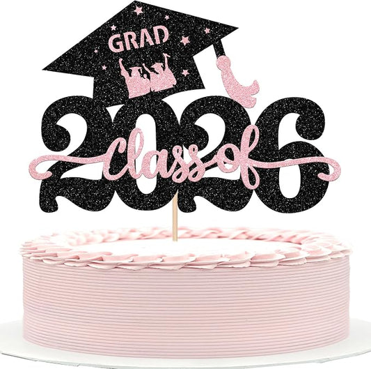 1 Pack Class of 2026 Cake Topper Glitter Congrats Grad Cap 2026 Graduation Cake Pick for 2026 Graduation Theme High School Graduate Party Cake Decorations Supplies Black Pink