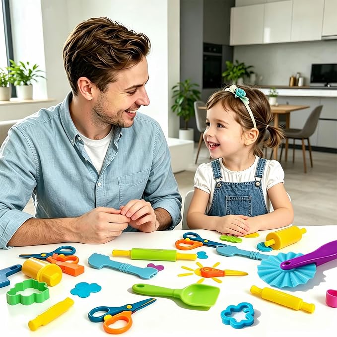 Dough and Clay Play Tools Kit for Kids, Modeling Clay Accessories for Toddlers, Animal Cutters with DIY Rollers & Safety Scissors, Dough Extruder Easy Squeeze for Kids, Ideal Home Play & Baking Set