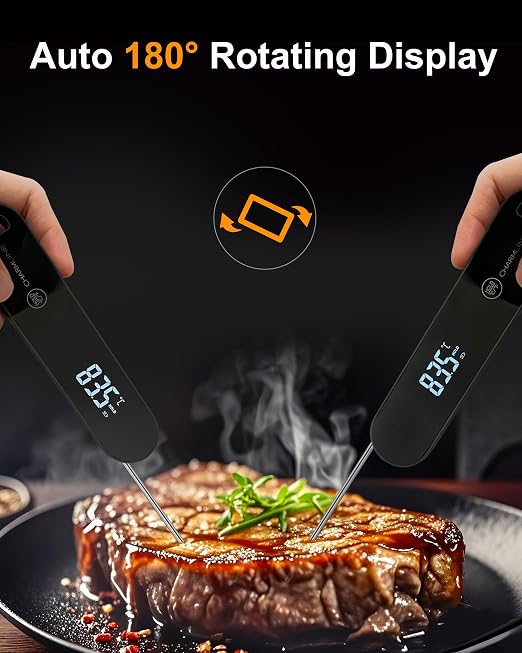 Charmline 0.5 Sec Instant Read Meat Thermometer Digital, 180° Auto-Rotating Display LED, Food Thermometer for Cooking, Baking and Grilling, Dual Battery Design for Longer-Lasting Performance