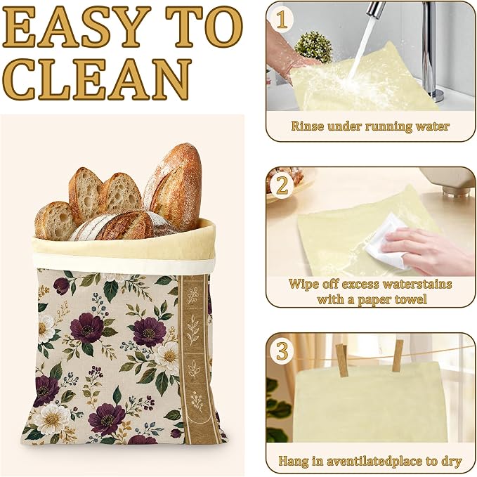 2 Pack Beeswax Burgundy Floral Bread Bags for Sourdough Homemade Breads, Reusable Beeswax Bread Ivory Botanical Storage Bag, Keep Loaves Fresh Longer, Freezer Safe & Airtight, Zero Waste 17 x 13''