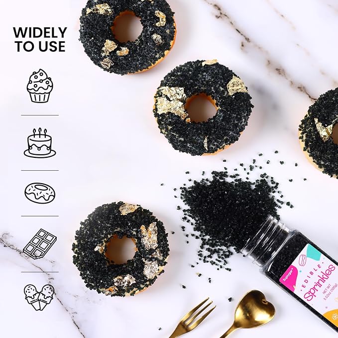 Black Sprinkles for Cake Decorating, 3.52oz Black Sanding Sugar Sprinkles, Edible Glitter Sprinkles for Cupcake Toppers Baking Drinks Cookie Ice Cream Dount Chocolate