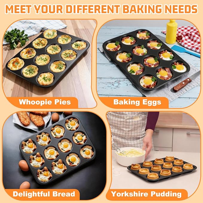 P&P CHEF 12-Cup Muffin Top Pan (2 Piece), Stainless Steel Muffin Pan Cupcake Tin with Shallow Side for Whoopie Pie & Yorkshire Pudding, Easy Clean & Oven Safe, Black