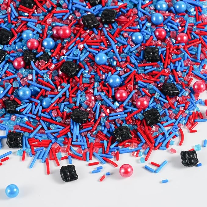 Edible Spiderman Sprinkles 7 oz - Superhero Red Blue Sprinkles with Black Spider for Birthday Cake Decorating, Spider Web Cupcake Topper & Party Baking Supplies - Jimmies, Nonpareils, Pearls, Sanding Sugar Mix
