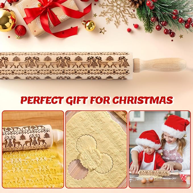 Stocking Stuffers Gifts for Women, Wooden Embossed Rolling Pin for Baking, Deep Engraved Embossing Rolling Pins with Christmas Elk Deer Pattern Designs for Baking Cookies Stamps Roller, DIY Tools