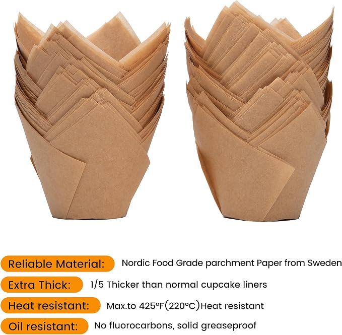 Bake Choice Nordic Paper 100pcs Extra Large Size Natural Tulip Cupcake Liners for Baking, Jumbo Muffin Liners, Cupcake Wrapper for Party, Christmas