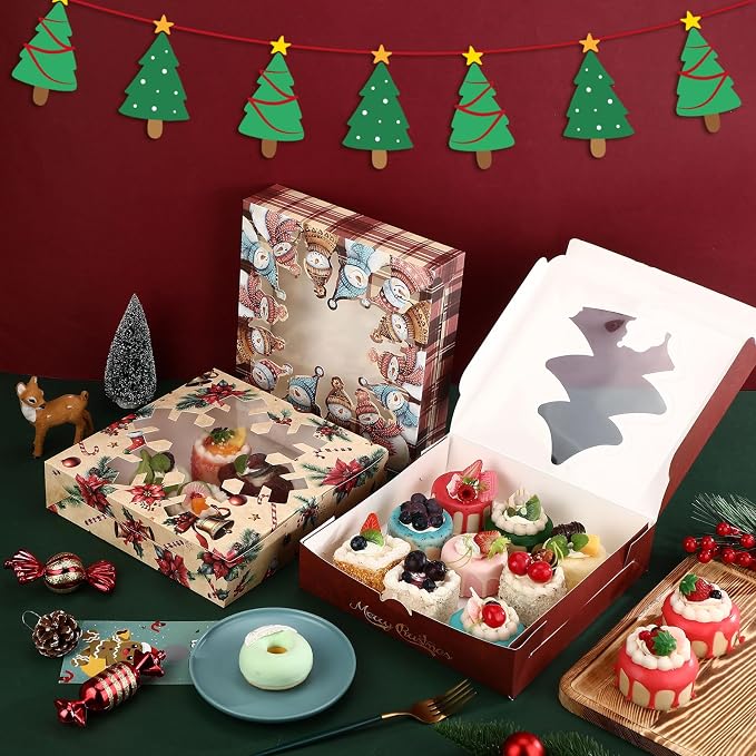 Affrolling 24 Pcs Pie Boxes 10 x 10 x 2 Inch Bakery Boxes with Window for Pies, Cookies and Pastries(Christmas Snowman)