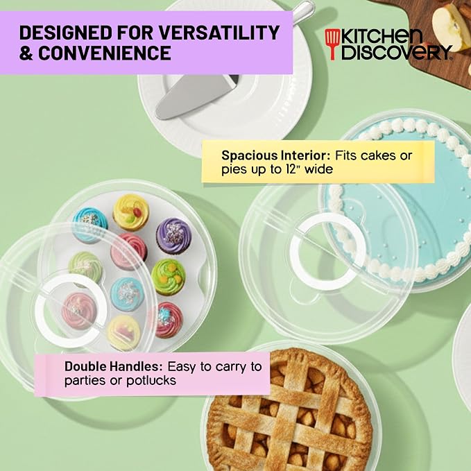 Kitchen Discovery Cupcake Carrier and Muffin Container Pie, Cake, and Cupcake Carrier with Lid and Handle for Safe Transport and Fresh Storage of a Variety of Desserts