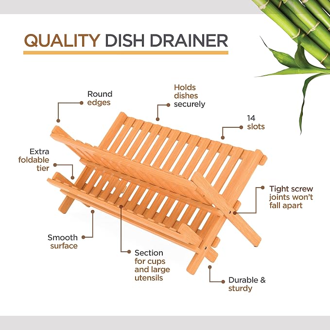 Bambüsi Collapsible Dish Drying Rack - 2 Tier Bamboo Dish Rack Dish Drainer for Kitchen Counter, Foldable Wooden Drying Rack for Plates Cups Bowls Utensils, No Assembly Folding Rack for Apartment, RV