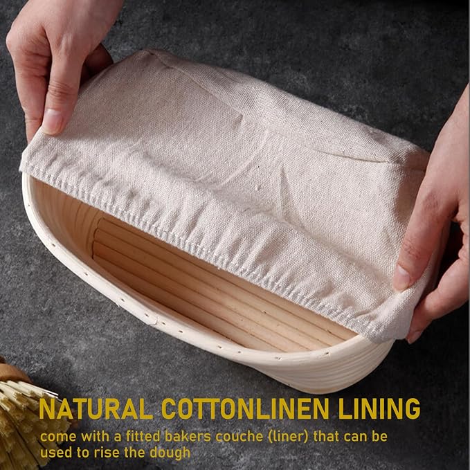 Bread Proofing Basket Set of 2, 10 inch Oval Sourdough Proofing Bowls with Liners, Handmade Rattan Baskets for Bread Making Baking Fermentation