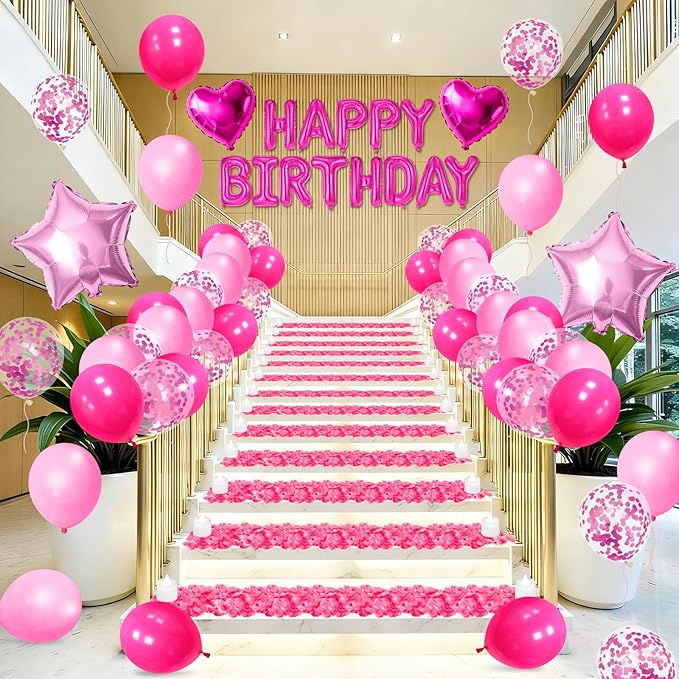 Hot Pink Happy Birthday Balloons Decorations Light Pink Birthday Balloon Letters Banner with Star Heart Balloons 1000 Pcs Artificial Rose Petals 24 Flameless LED Candles for Birthday Party Supplies