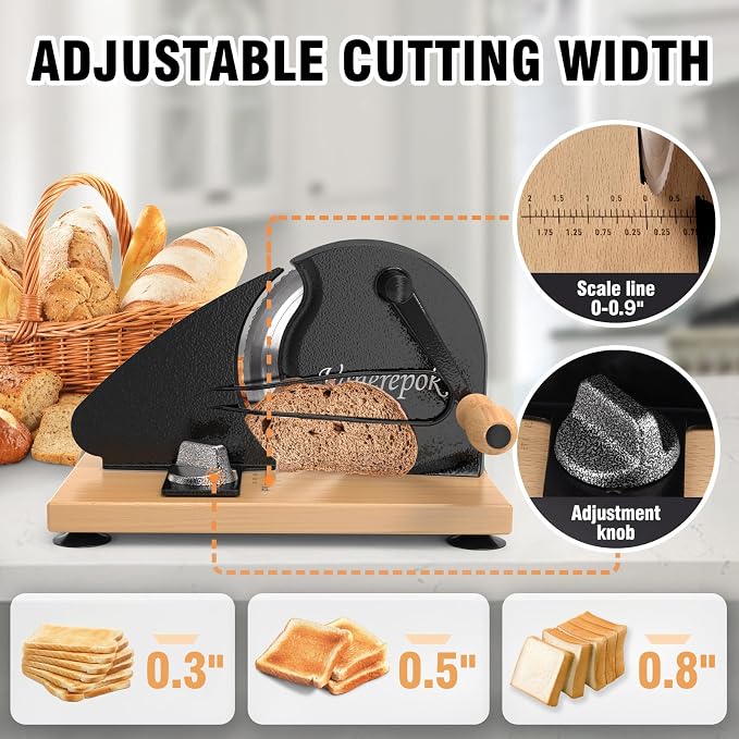 vanerepok Manual Bread Slicer Adjustable Thickness for Homemade Sourdough | Hand Crank Bread Cutter with Scale & Stable Suction Cups & Wood Base for Even Slicing Perfect Baking Gift for Home Bakers