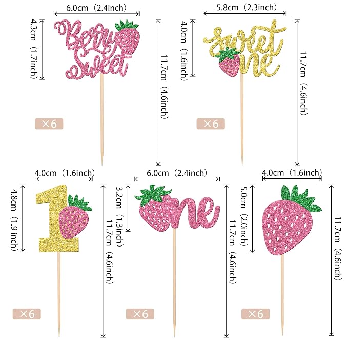 30 PCS Strawberry One Cupcake Toppers Glitter Berry Sweet One First Birthday Strawberry Cupcake Picks for Fruit Theme Baby Shower Kids Boys Girls 1st Birthday Party Cake Decorations Supplies Pink