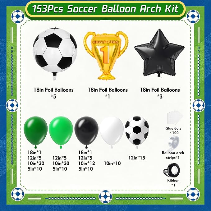Soccer Party Decorations 153Pcs, World Soccer Balloon Garland Arch Kit with 18'' Football Foil Balloons, Green White Football Print Balloons for Boys Sports Fan Birthday Soccer Party Decor
