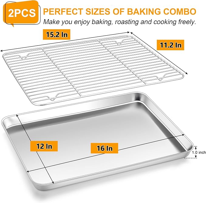 Homikit Baking Sheet with Wire Rack (1 Pan + 1 Rack), 16"x12" Stainless Steel Cookie Sheets for Baking, Metal Baking Tray Jelly Roll Pan with Cooling Rack for Oven Roasting, Nonstick & Dishwasher Safe