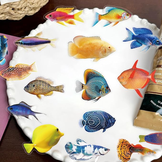 50 Pcs PET Transparent Fish Stickers, Waterproof Vinyl Colorful Tropical Fish Decals for Laptop Skateboard Luggage, Vivid Aquatic Creature Stickers Gift for Kids Teens Adults（Fish