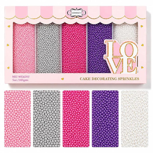 Confect Pretty Princess Pearl Sprinkles – 5 Pack Dragees Mix (Baby Pink, Silver, Neon Pink, Purple & White) – Elegant Cake & Cupcake Decorations – Vegan, Gluten-Free, Nut-Free, Soy-Free, Dairy-Free, Palm Oil-Free , Dye Free, No Artificial Dyes- 5 Oz