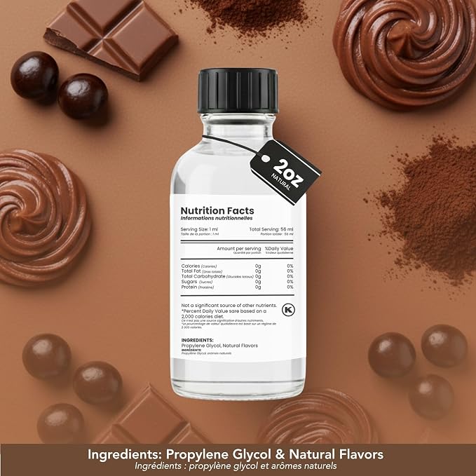 Dolce Flav Natural Chocolate Extract – 2 Ounce Water-Soluble Kosher, Sugar-Free, Concentrated Chocolate Flavor for Baking, Coffee, Ice Cream, Smoothies & Desserts, Includes Measured Dropper