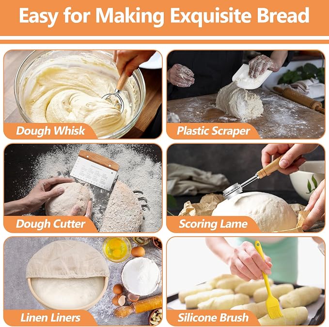 E-far Bread Proofing Basket, 9 Inch Round and 10 Inch Oval Sourdough Bread Baking Supplies, Complete Sourdough Starter Kit for Beginners
