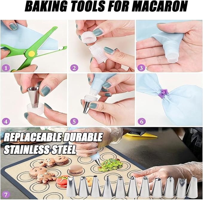 Macaron Silicone Baking Mats Kit (23 Pcs set) 16.5''x11.4'' Nonstick Macaroon Baking Mat Set of 2 Half Sheet with 12 Piping Tip 3 Scraper 2 Piping Bag 2 Bag Tie 2 coupler