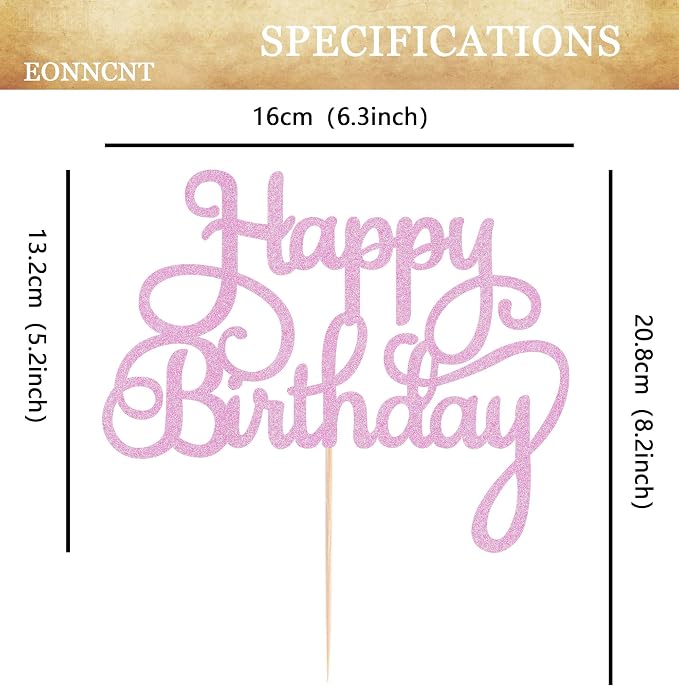 Happy Birthday Cake Topper - Pink Glitter Birthday Party Cake Decoration Supplies, Photo Booth Props