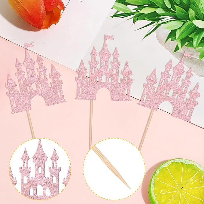 24 PCS Castle Cupcake Toppers Glitter Princess Cupcake Toppers Castle Theme Birthday Party Decoration Princess Birthday Cake Decoration for Baby Shower Princess Birthday Party Supplies Light Pink