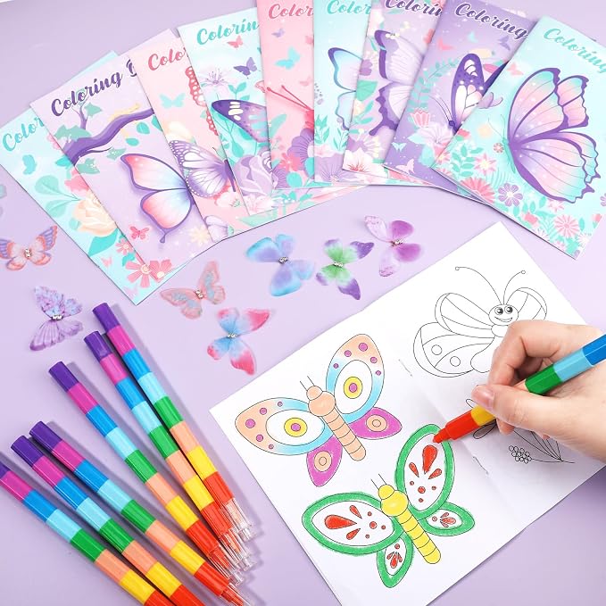 BenLouis 24 Butterfly Mini Coloring Books Kids with 24 Stacking Crayons Butterfly Theme Party Favors Activity Books Bulk for Kids Spring Fairy Birthday Goodie Bag Gift Stuffer Classroom Reward