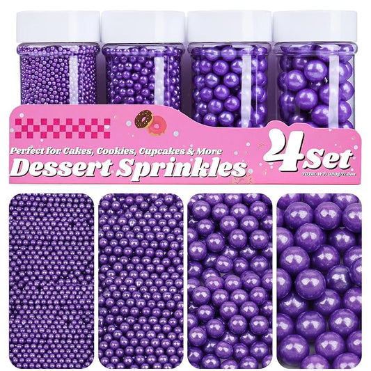 Purple Pearl Sprinkles for Cake Decorating, 11.3oz/320g Edible Pearls Sugar 4 Jars Set for Baking Cupcakes Cookies